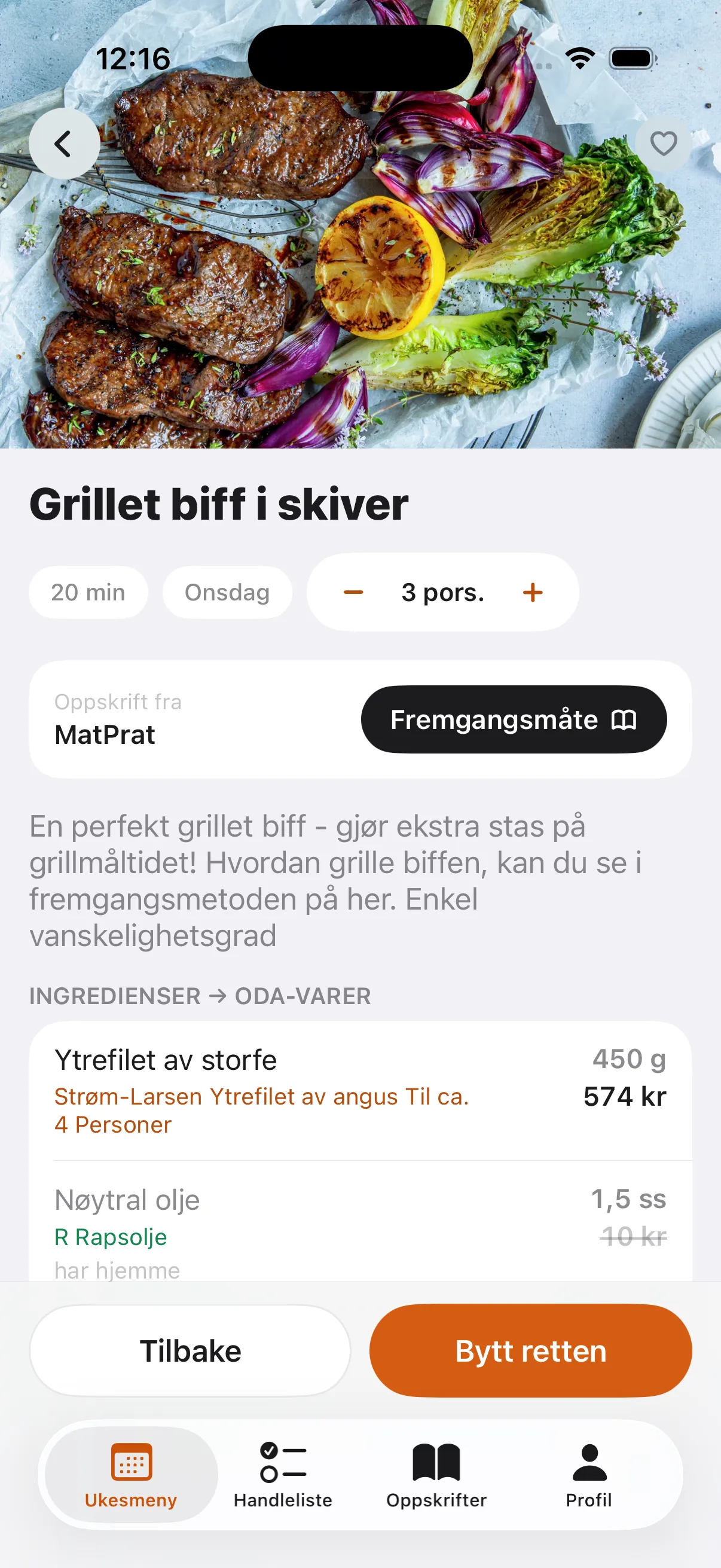 Rettdetalj med pris per råvare